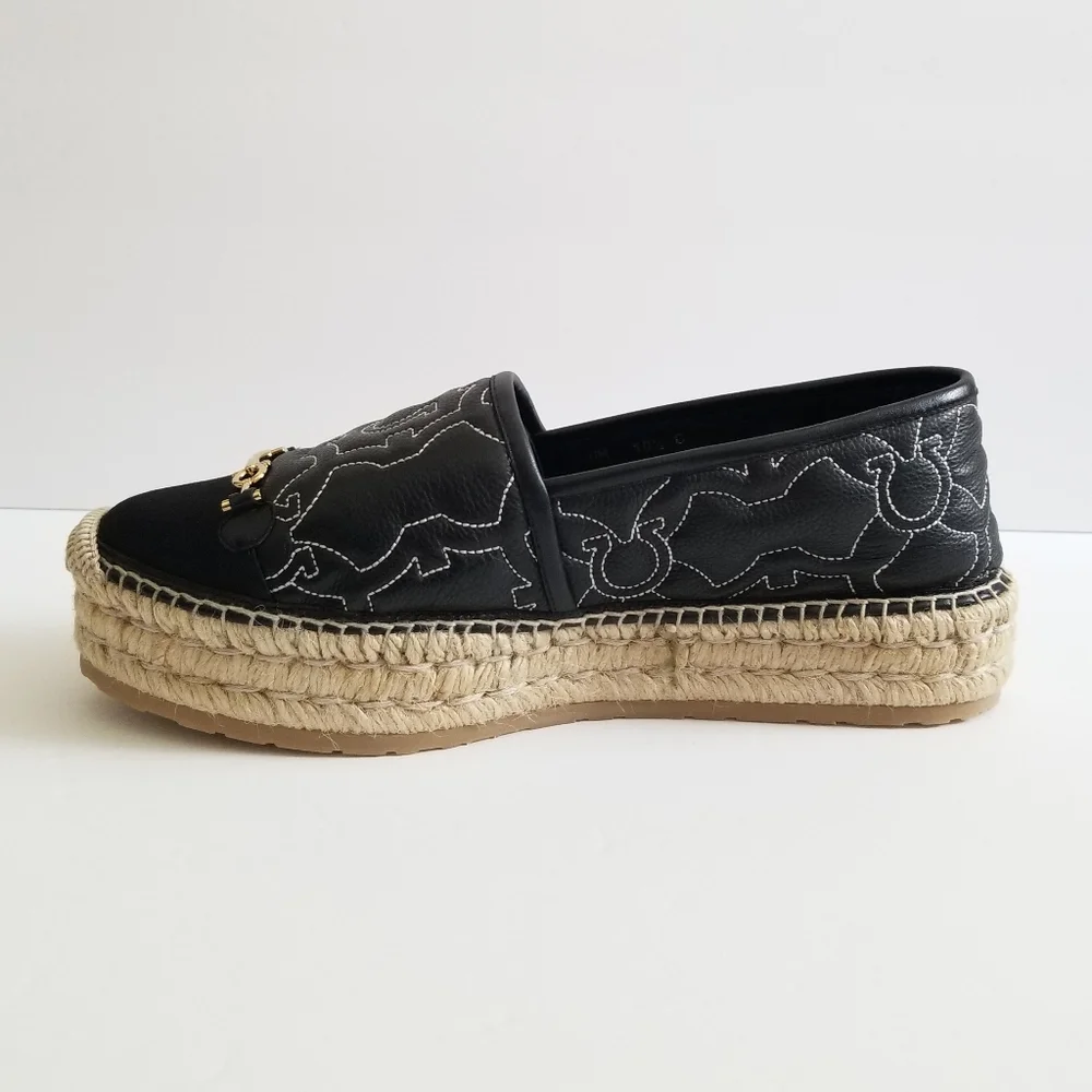 Salvatore Ferragamo Logo Embroidered Leather Platform Espadrilles Size 1… - Picture 2 of 6